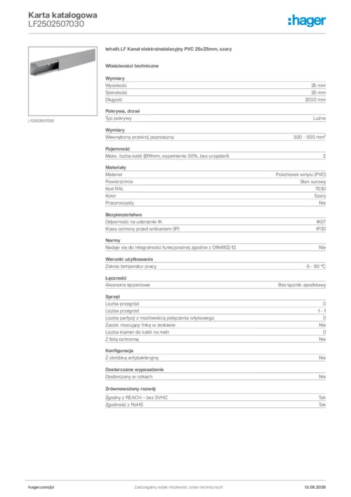 Zdjęcie Hager Karta katalogowa LF2502507030 | Hager Polska