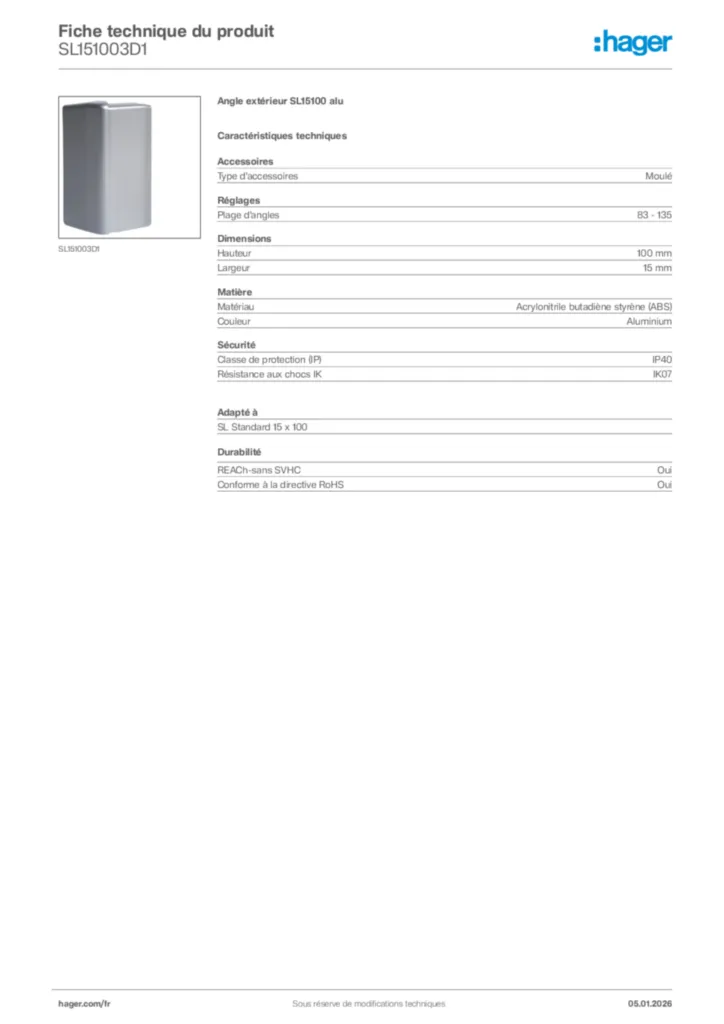 Image Hager Fiche technique du produit SL151003D1 | Hager France