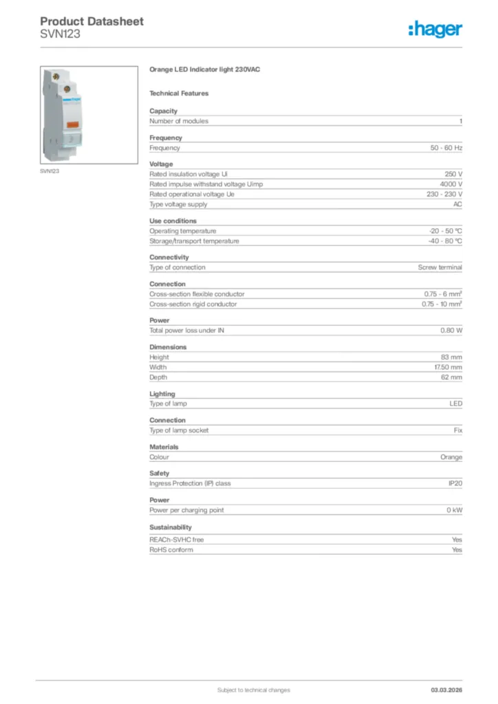 Image Hager Product data sheet SVN123  | Hager Africa