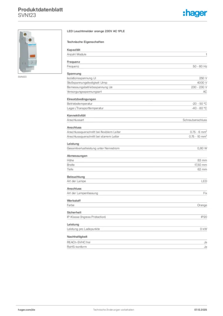 Hager Produktdatenblatt SVN123