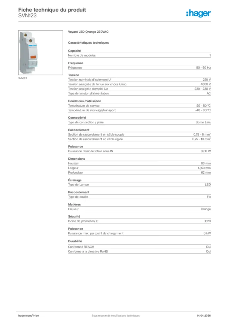 Image Hager Fiche technique du produit SVN123 | Hager Belgique