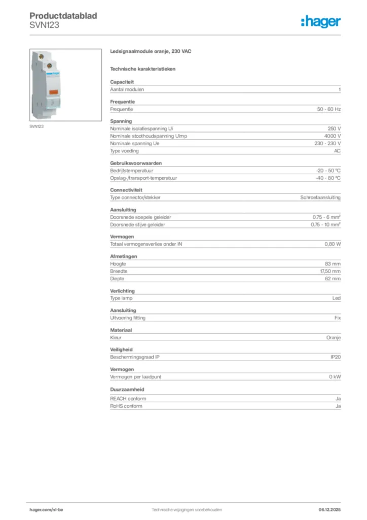 Afbeelding Hager Productdatablad SVN123 | Hager Belgium