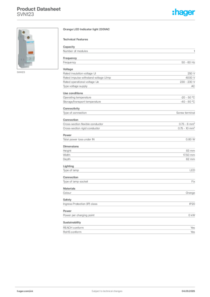 Image Hager Product data sheet SVN123  | Hager