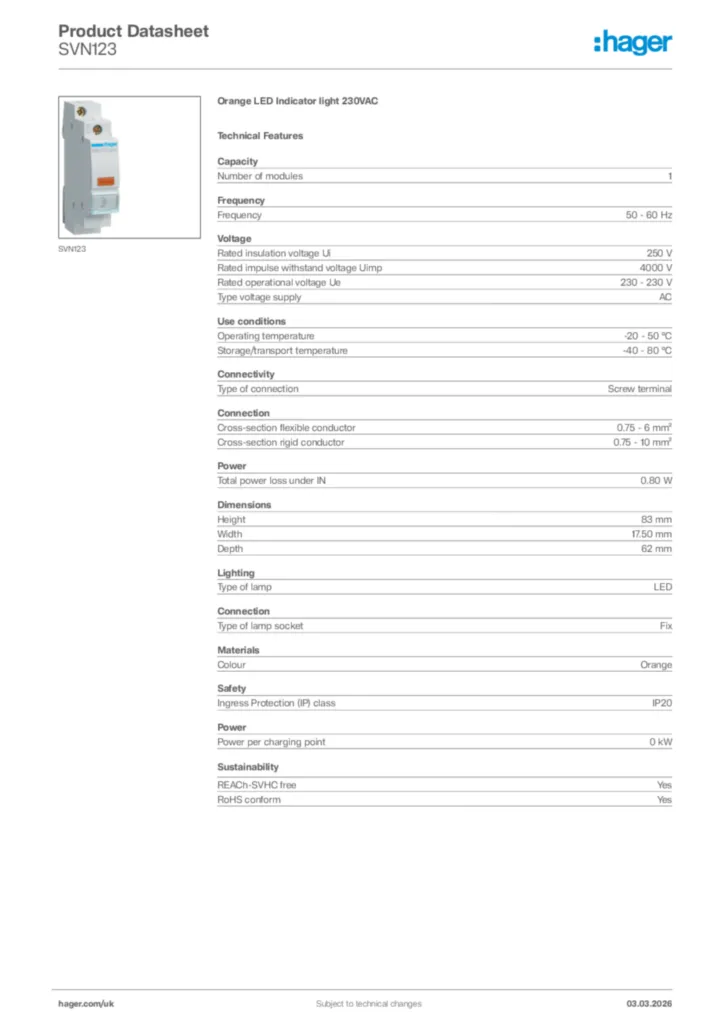 Image Hager Product data sheet SVN123  | Hager