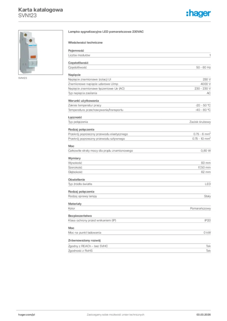 Zdjęcie Hager Karta katalogowa SVN123 | Hager Polska
