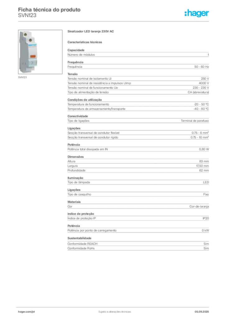 Imagem Hager Ficha técnica do produto SVN123 | Hager Portugal