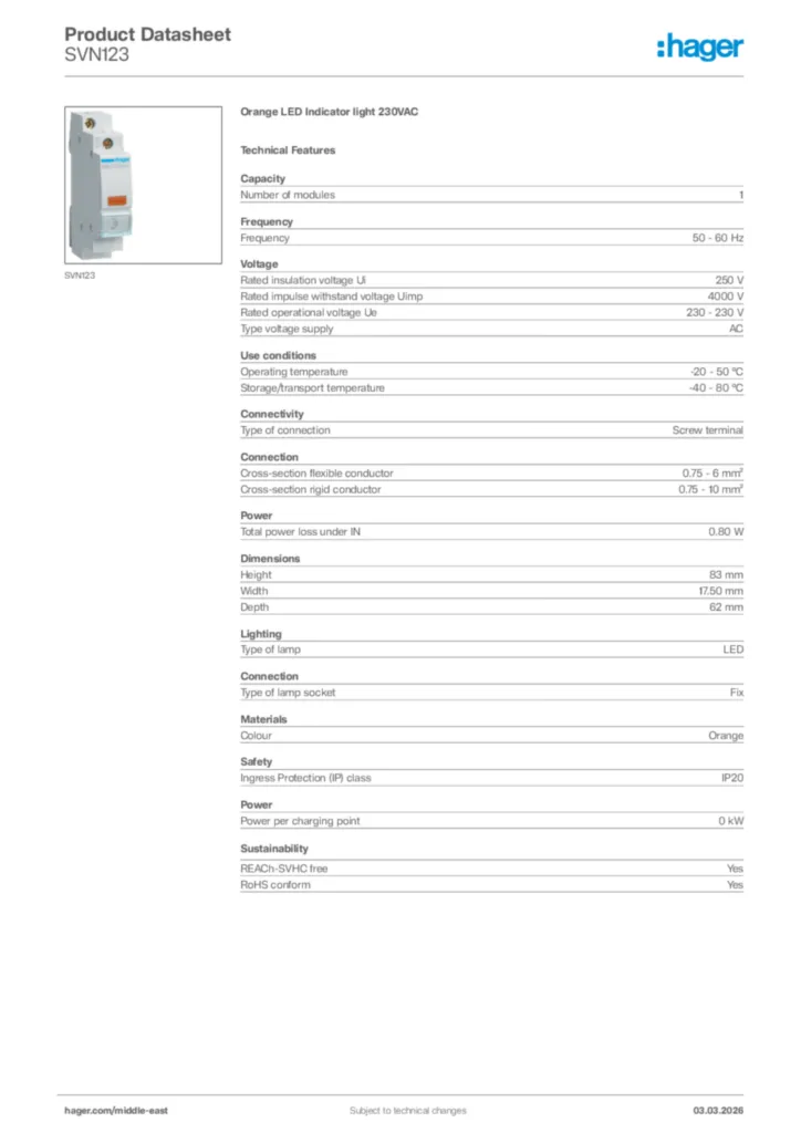 Image Hager Product data sheet SVN123  | Hager