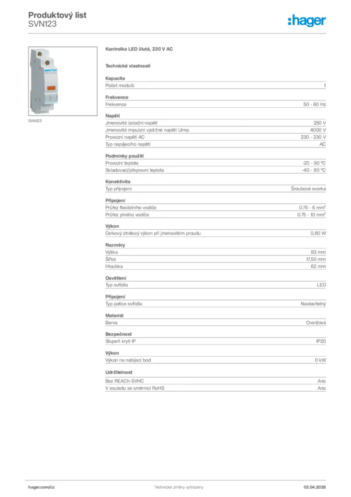 Obrázek Hager Product data sheet SVN123 | Hager
