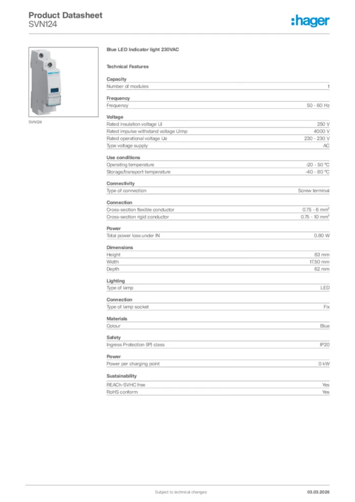 Image Hager Product data sheet SVN124  | Hager Africa