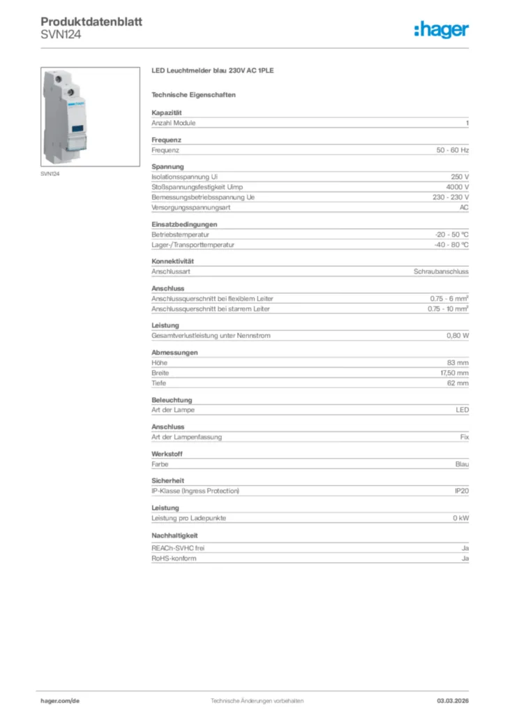 Bild Hager Produktdatenblatt SVN124 | Hager Deutschland