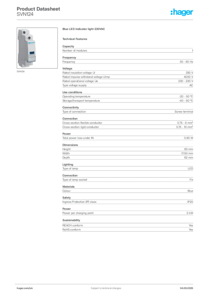 Image Hager Product data sheet SVN124  | Hager