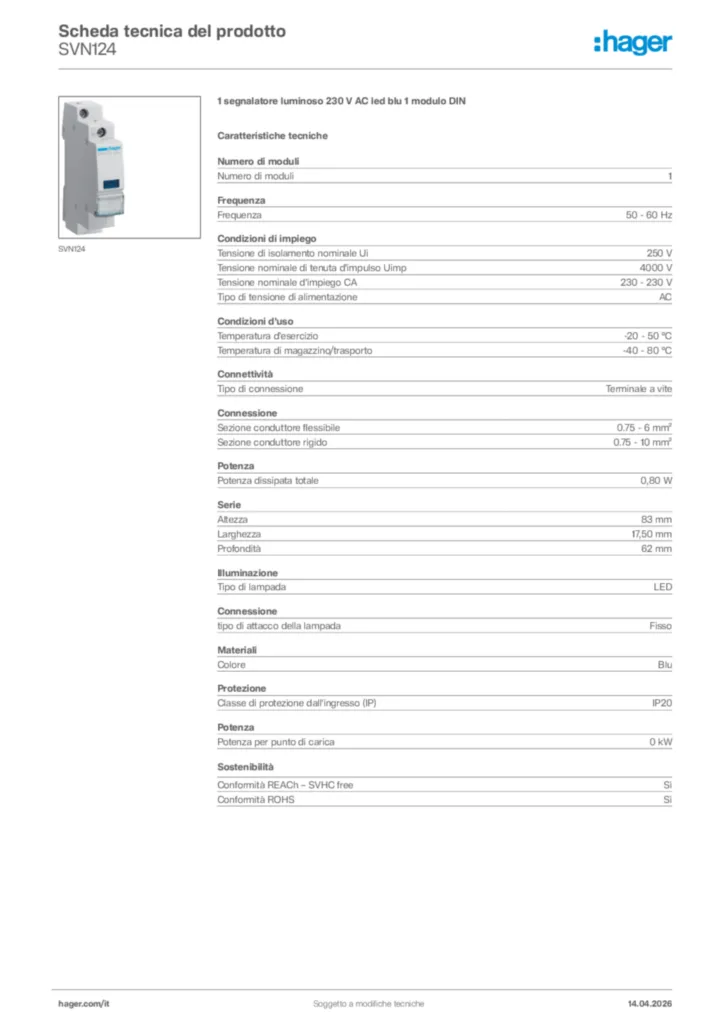 Immagine Hager Scheda tecnica del prodotto SVN124 | Hager Italia