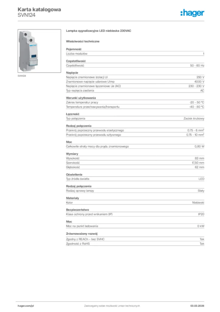 Zdjęcie Hager Karta katalogowa SVN124 | Hager Polska