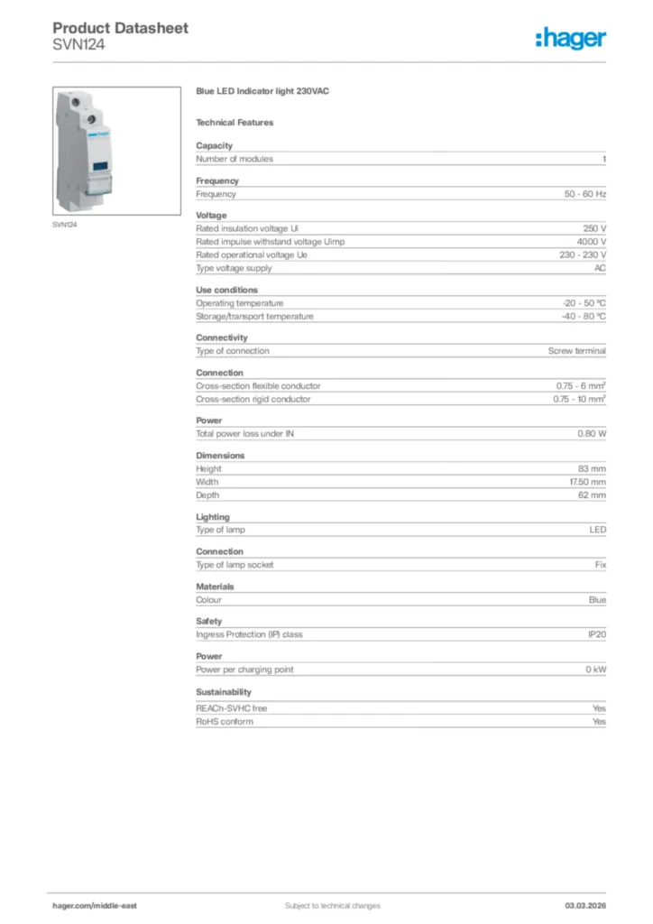 Image Hager Product data sheet SVN124  | Hager