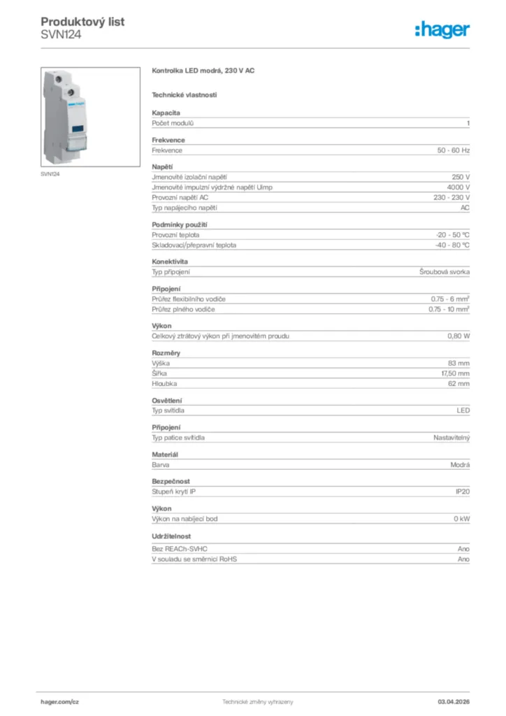 Obrázek Hager Product data sheet SVN124 | Hager