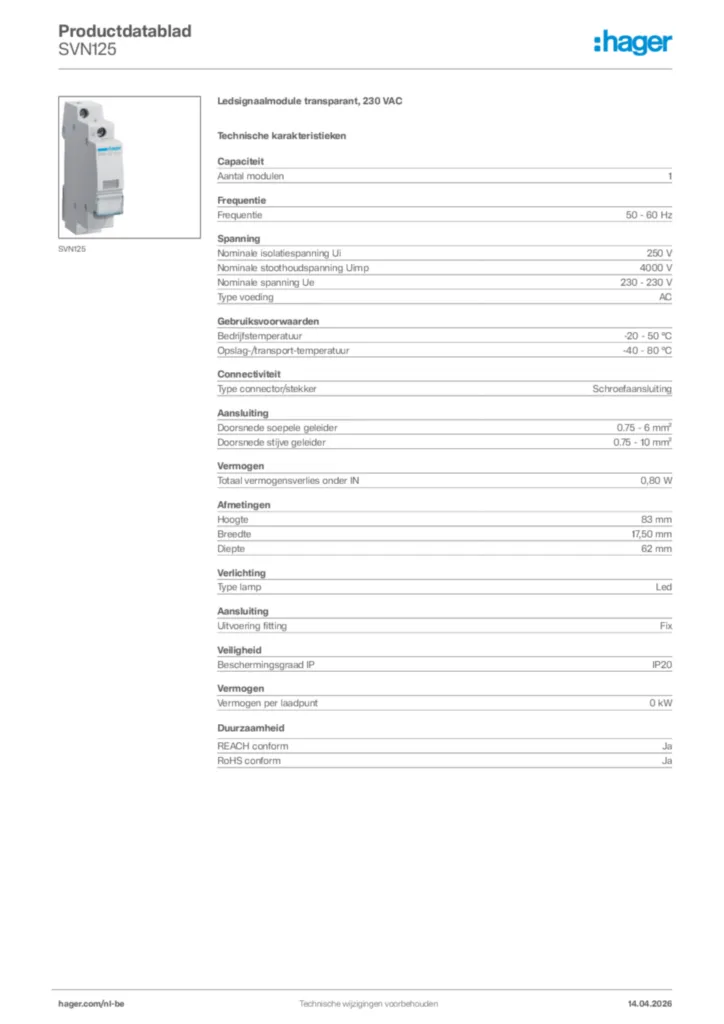 Afbeelding Hager Productdatablad SVN125 | Hager Belgium