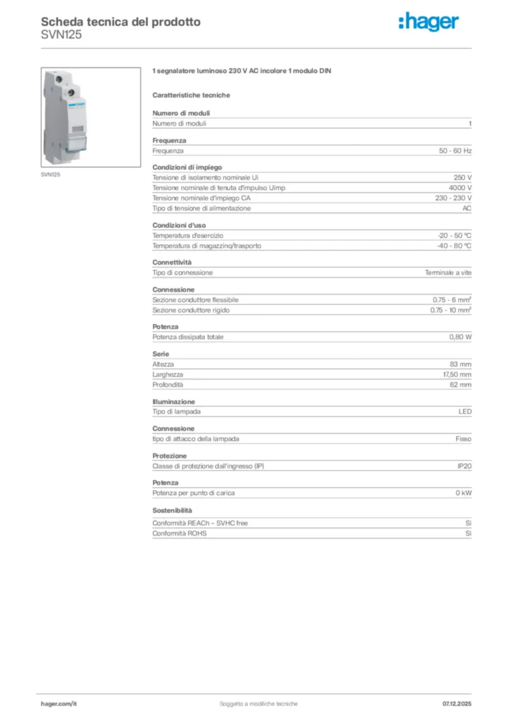Immagine Hager Scheda tecnica del prodotto SVN125 | Hager Italia