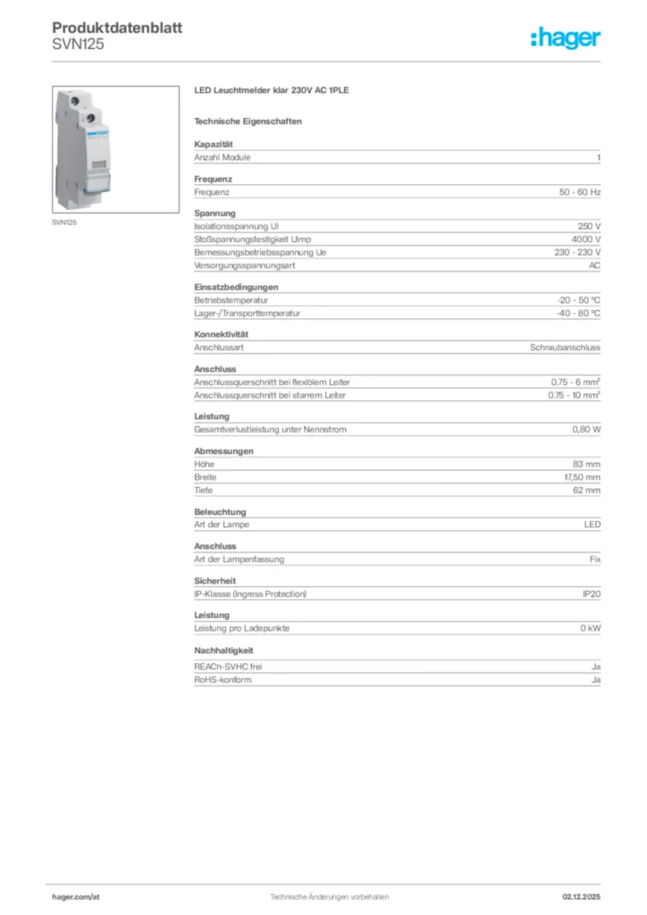 Bild Hager Produktdatenblatt SVN125 | Hager Deutschland
