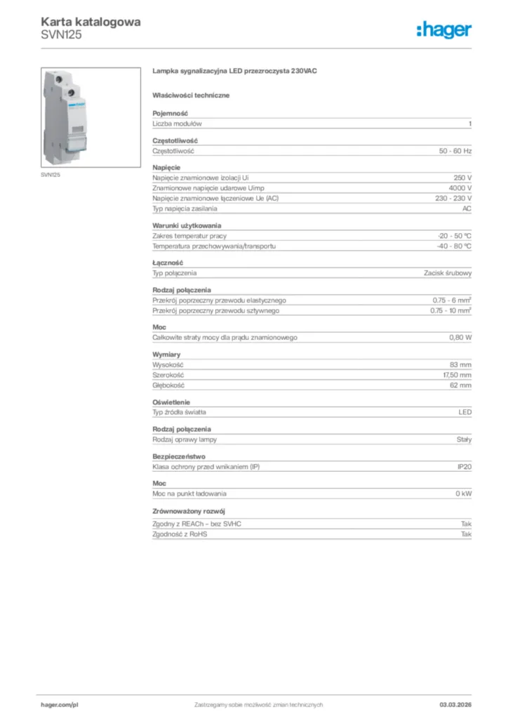 Zdjęcie Hager Karta katalogowa SVN125 | Hager Polska