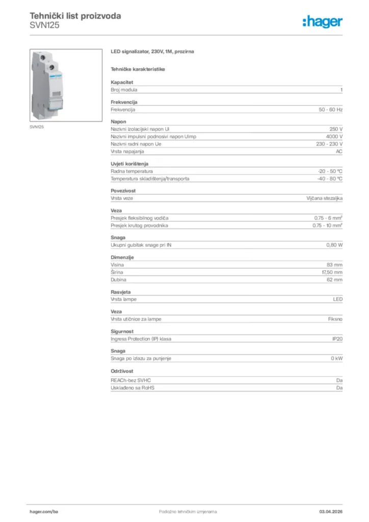 Slika Hager Tehnički list proizvoda SVN125  | Hager