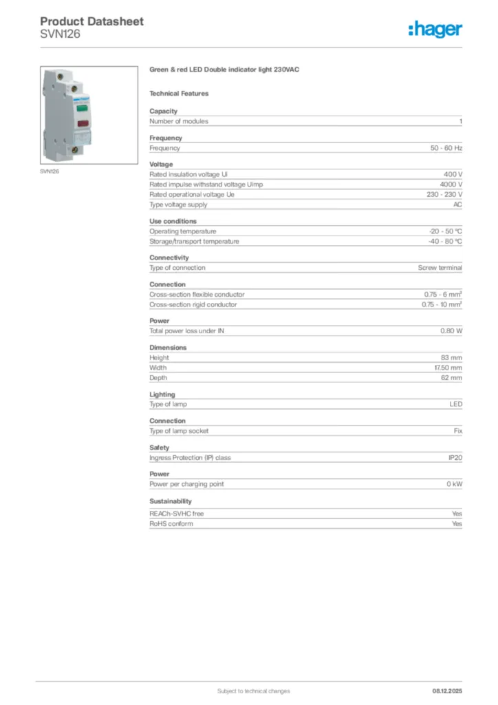 Image Hager Product data sheet SVN126  | Hager Africa