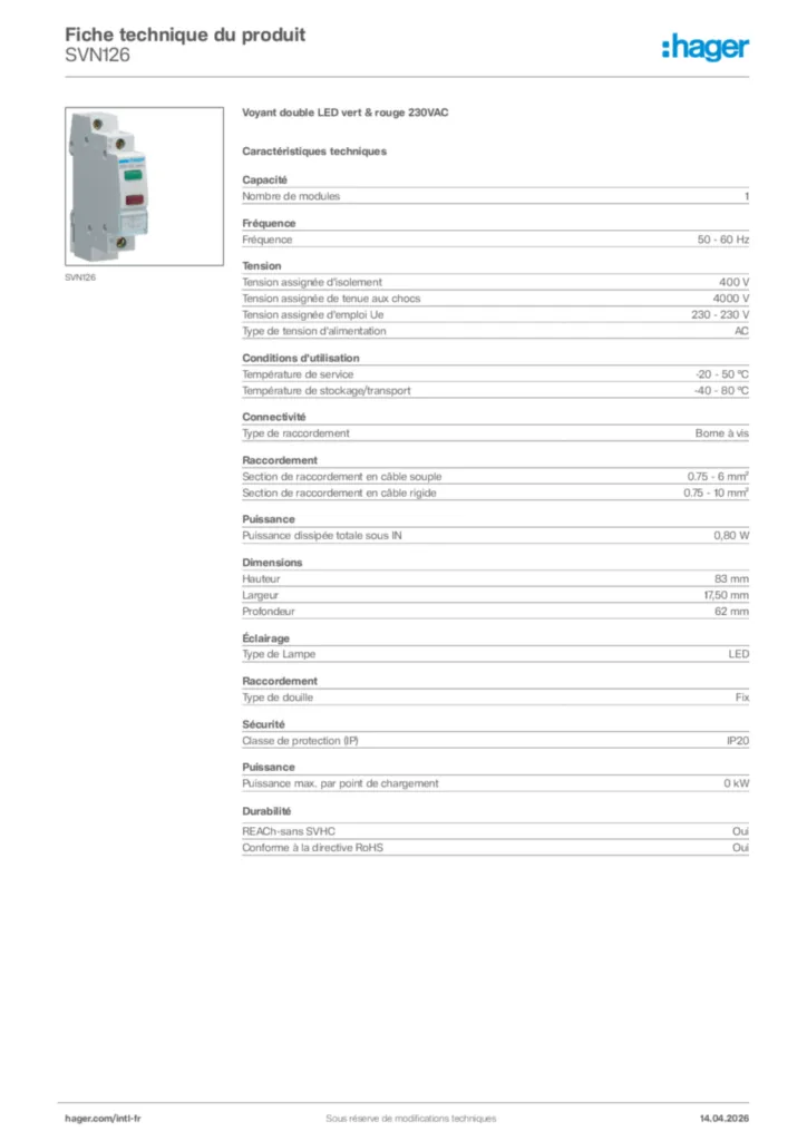 Image Hager Fiche technique du produit SVN126 | Hager Afrique