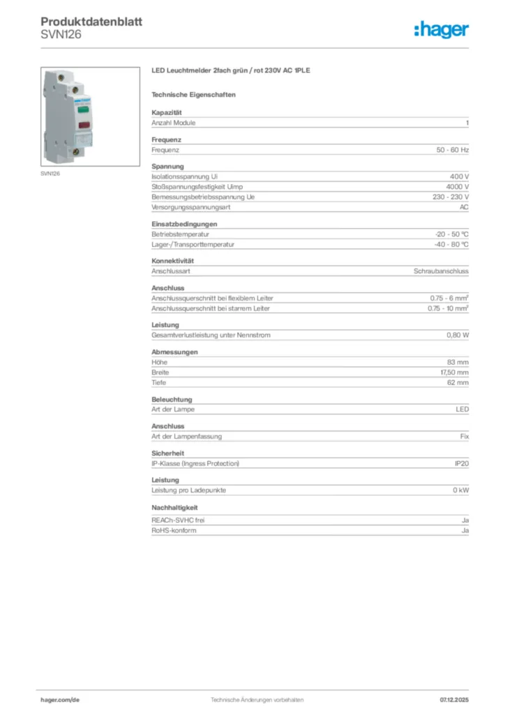 Hager Produktdatenblatt SVN126