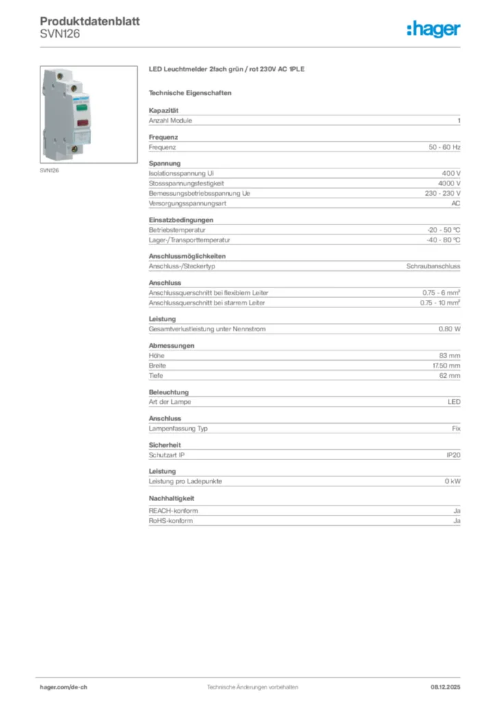 Bild Hager Produktdatenblatt SVN126 | Hager Schweiz