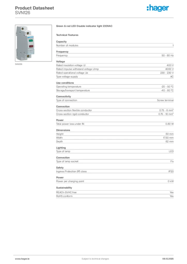 Image Hager Product data sheet SVN126  | Hager