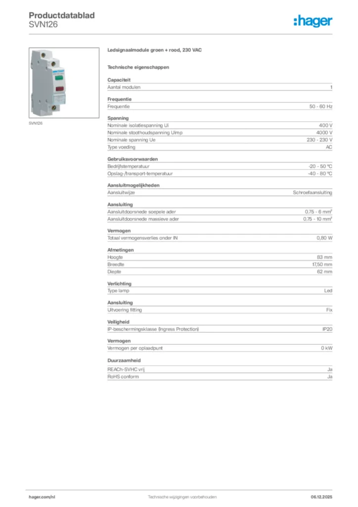 Afbeelding Hager Productdatablad SVN126 | Hager Nederland