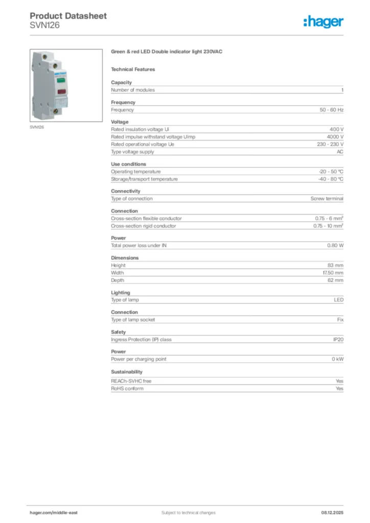 Image Hager Product data sheet SVN126  | Hager
