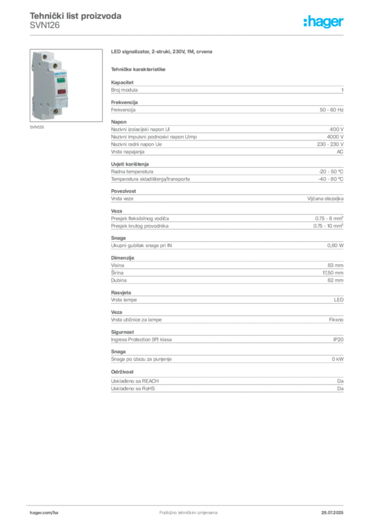 Slika Hager Product data sheet SVN126  | Hager