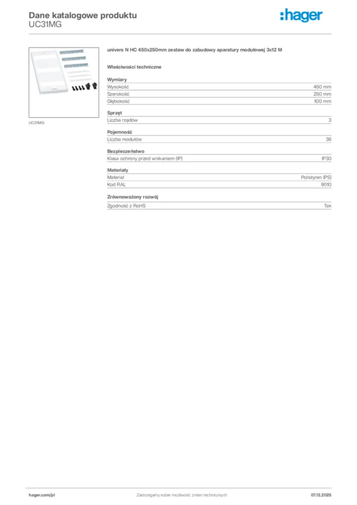 Zdjęcie Hager Karta katalogowa UC31MG | Hager Polska