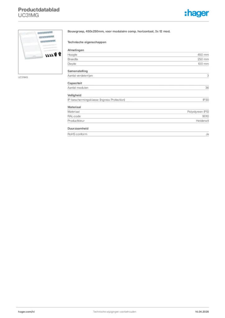 Afbeelding Hager Productdatablad UC31MG | Hager Nederland