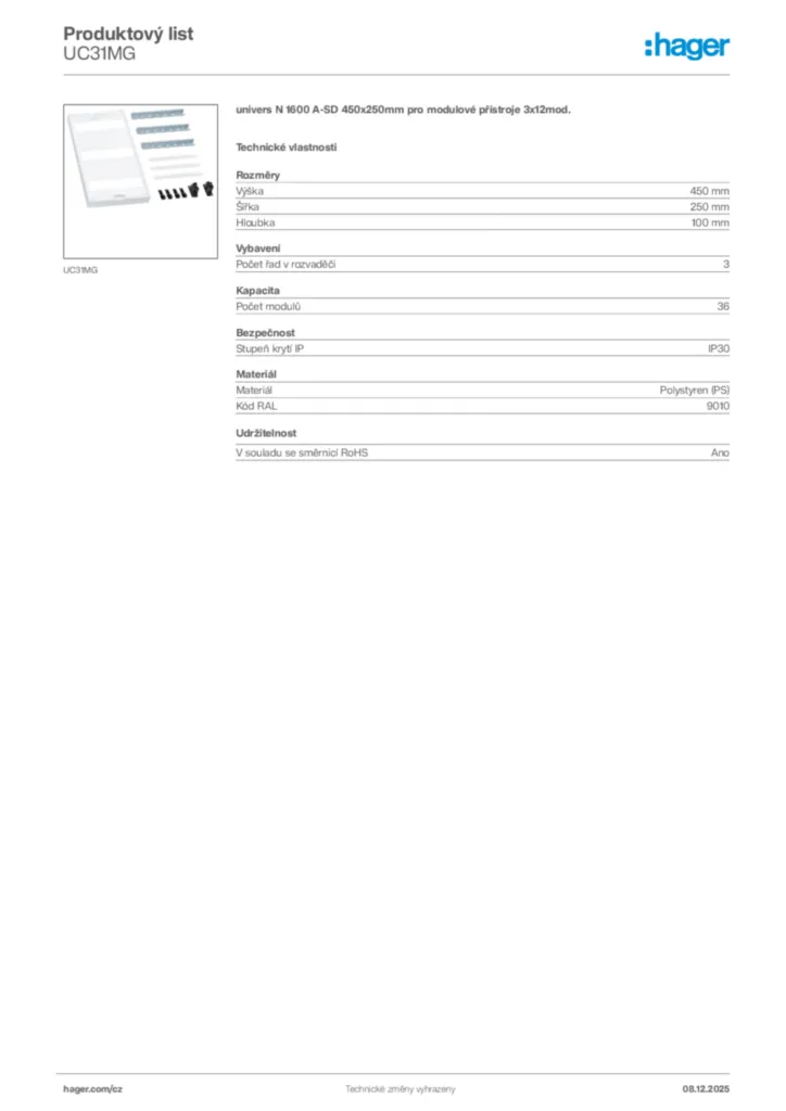 Obrázek Hager Product data sheet UC31MG | Hager