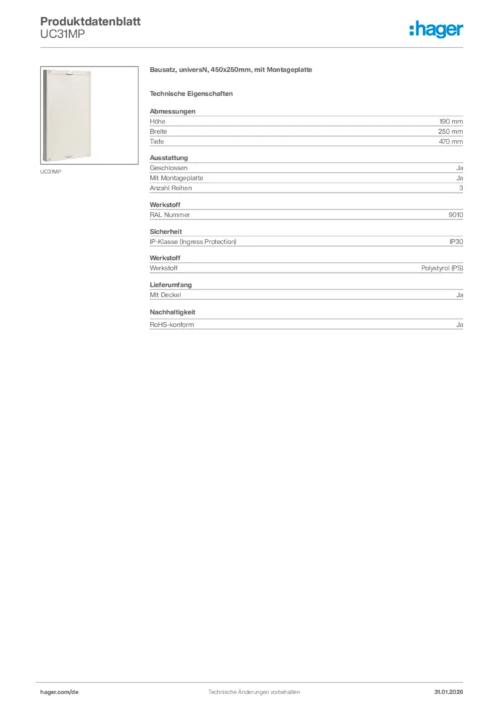 Hager Produktdatenblatt UC31MP