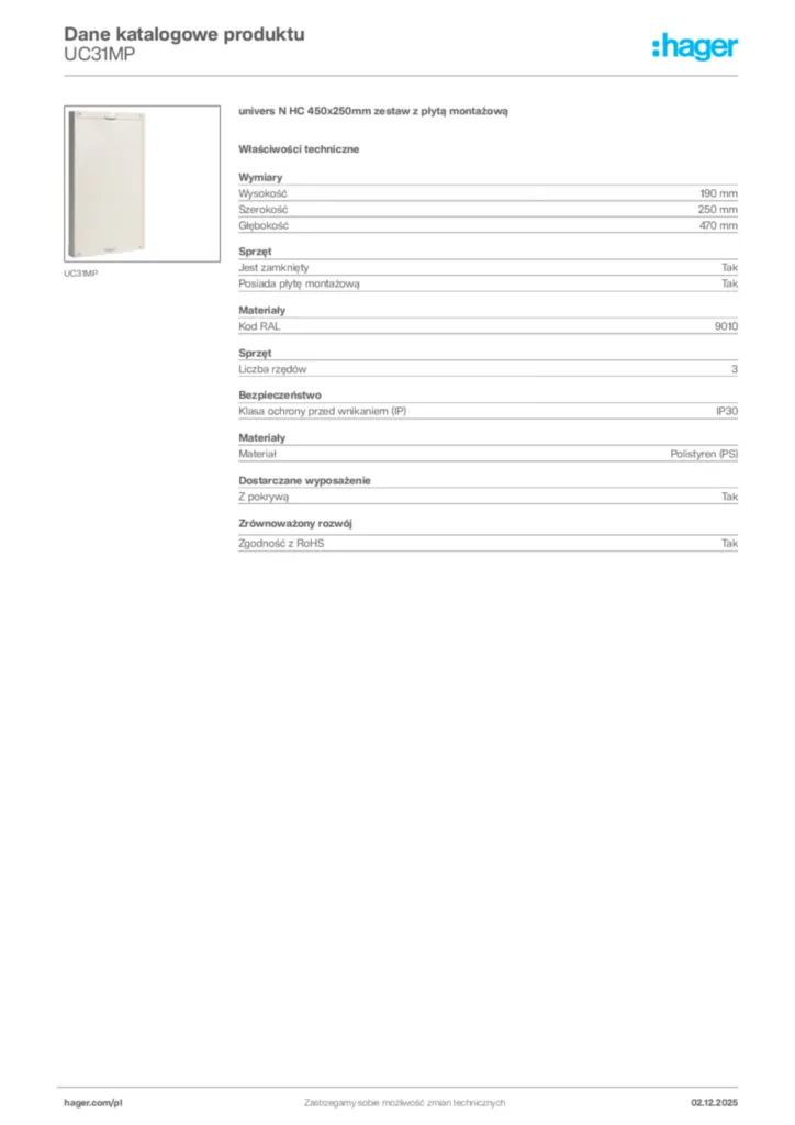Zdjęcie Hager Dane katalogowe produktu UC31MP | Hager Polska