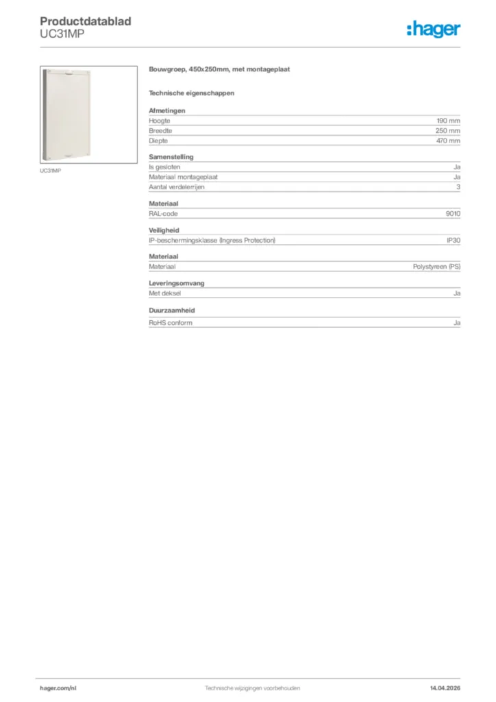 Afbeelding Hager Productdatablad UC31MP | Hager Nederland