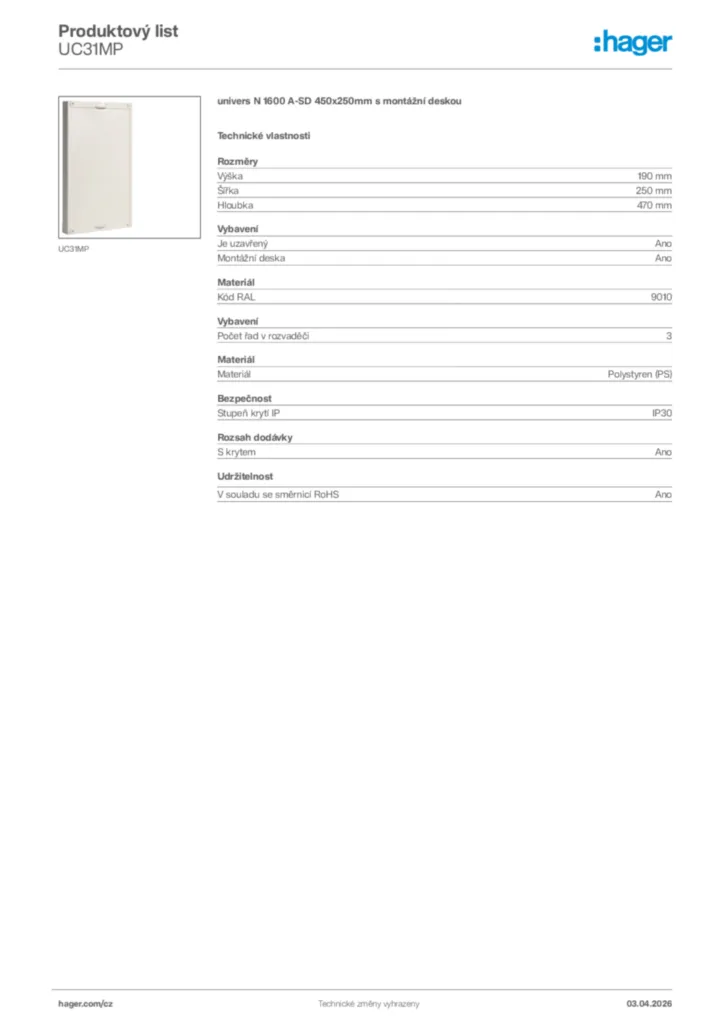Obrázek Hager Product data sheet UC31MP | Hager