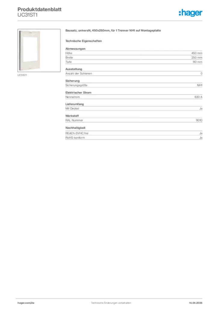 Bild Hager Produktdatenblatt UC31ST1 | Hager Deutschland