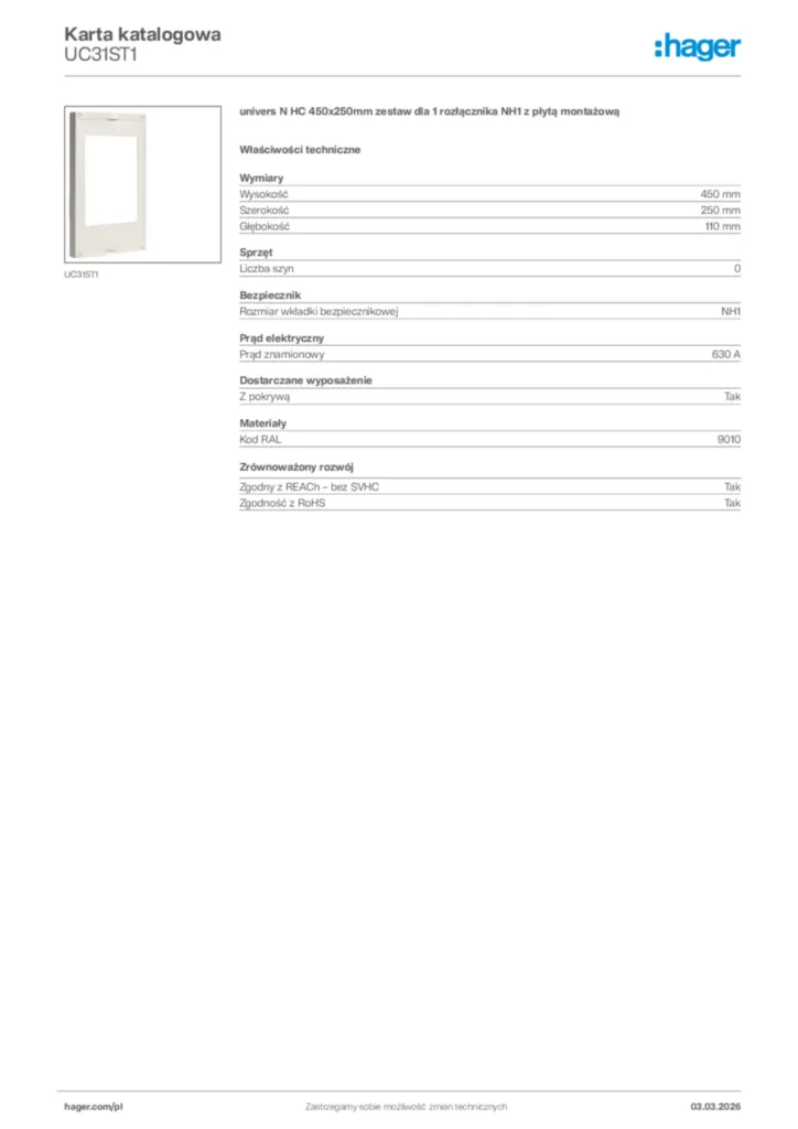 Zdjęcie Hager Karta katalogowa UC31ST1 | Hager Polska
