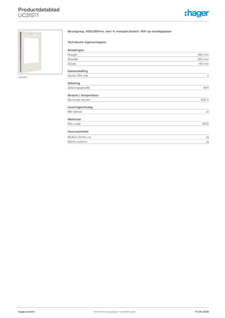 Afbeelding Hager Productdatablad UC31ST1 | Hager Nederland