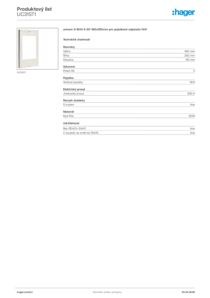 Obrázek Hager Product data sheet UC31ST1 | Hager