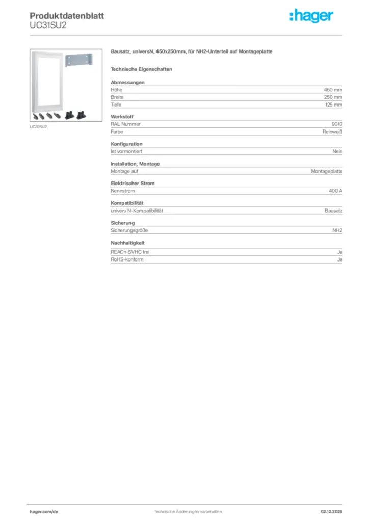 Bild Hager Produktdatenblatt UC31SU2 | Hager Deutschland