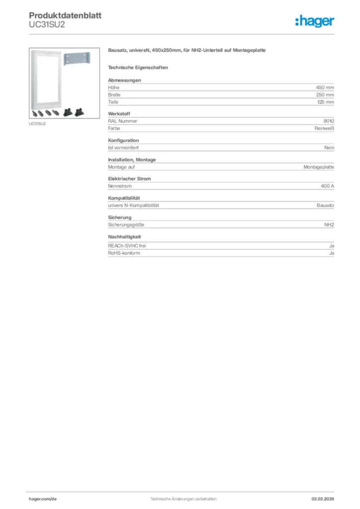 Bild Hager Produktdatenblatt UC31SU2 | Hager Deutschland