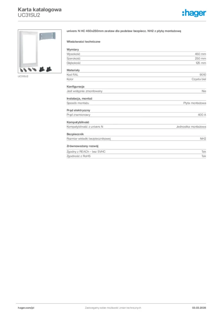 Zdjęcie Hager Karta katalogowa UC31SU2 | Hager Polska