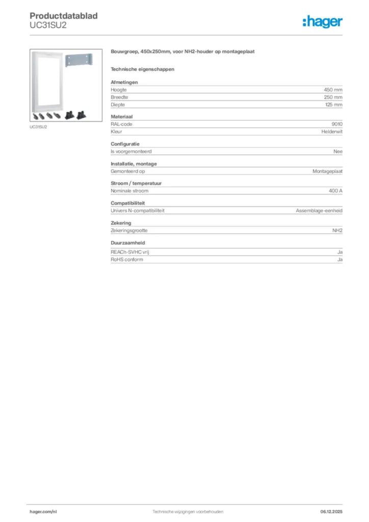 Afbeelding Hager Productdatablad UC31SU2 | Hager Nederland