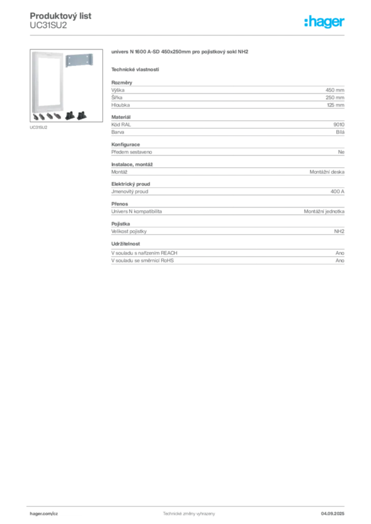 Obrázek Hager Produktový list UC31SU2 | Hager
