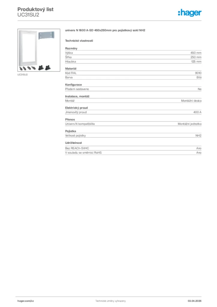Obrázek Hager Product data sheet UC31SU2 | Hager