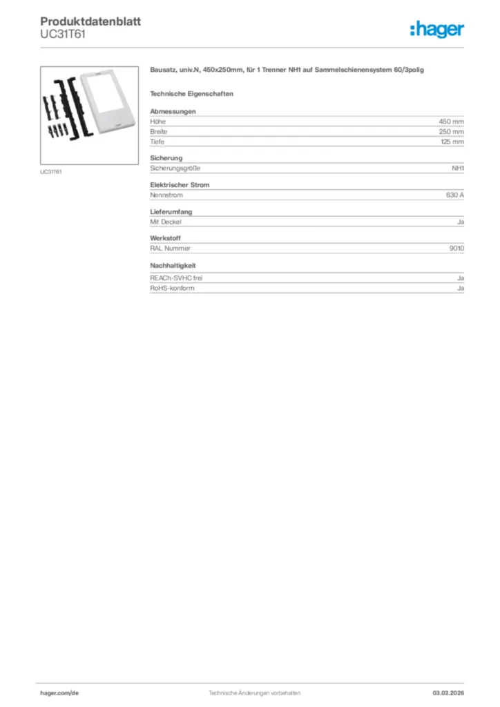Bild Hager Produktdatenblatt UC31T61 | Hager Deutschland